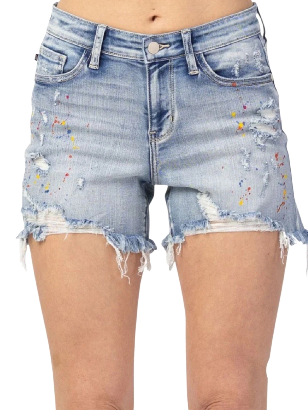 JUDY BLUE Mid Rise Rainbow Paint Splash Cut Off Shorts XL - Picture 6 of 11